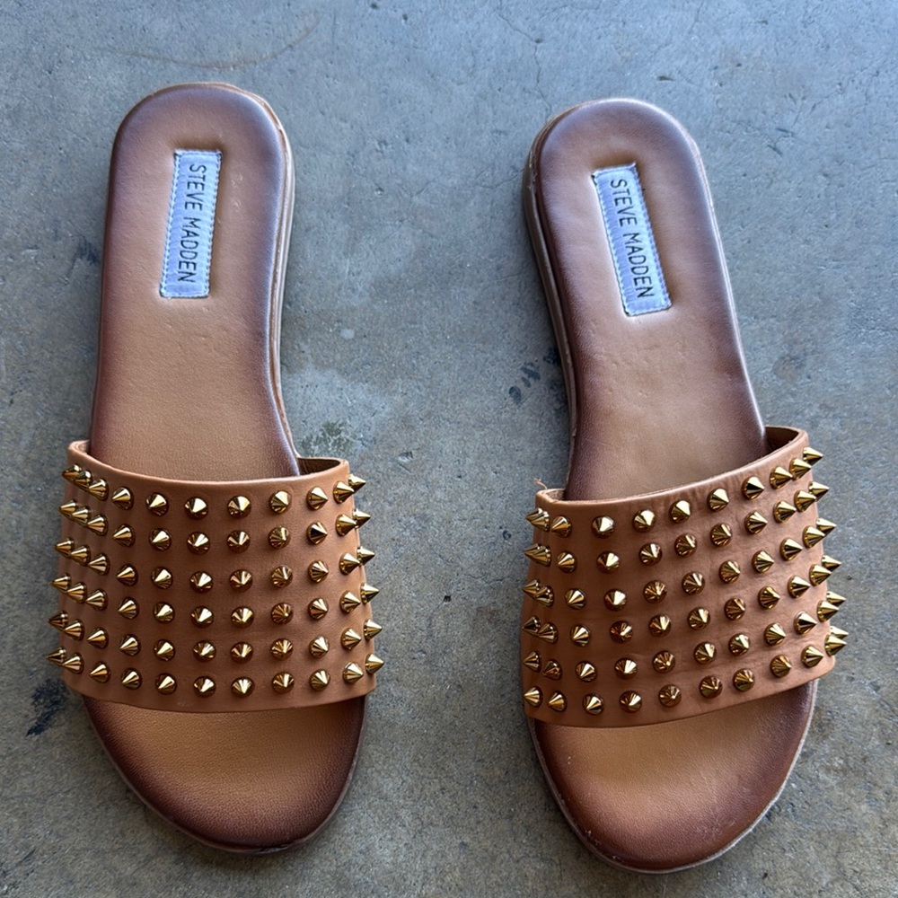 Steve Madden Brown Slide Sandals with Gold Studs